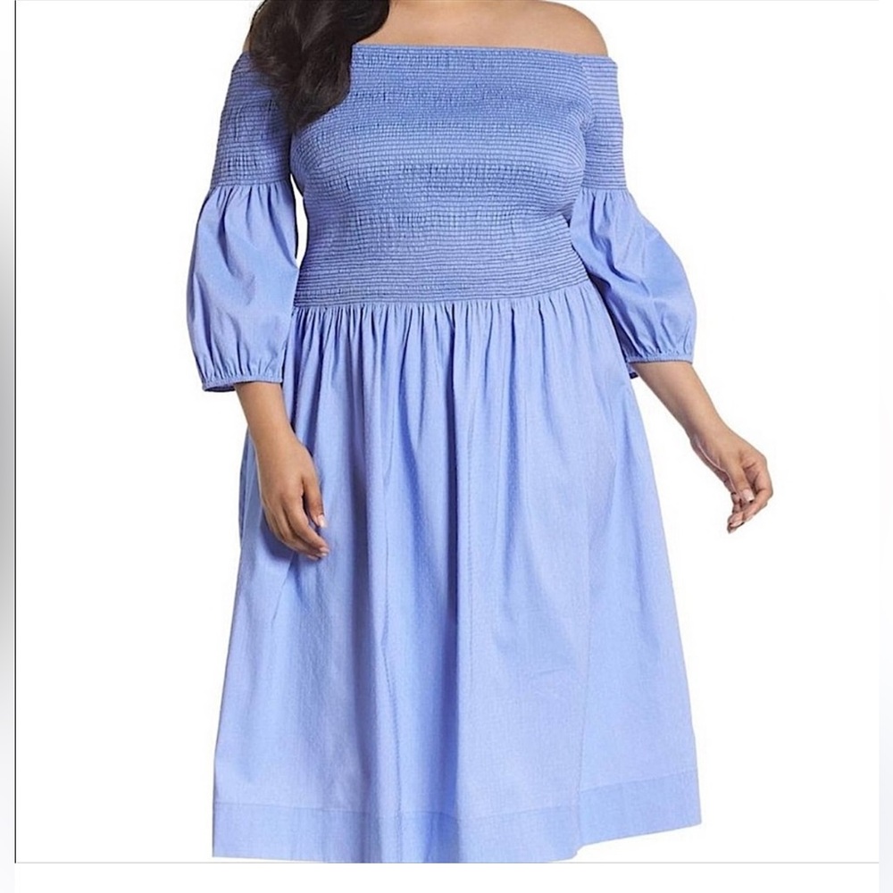 Chelsea28 blue Swiss dot smocked balloon sleeve off the shoulder midi dress